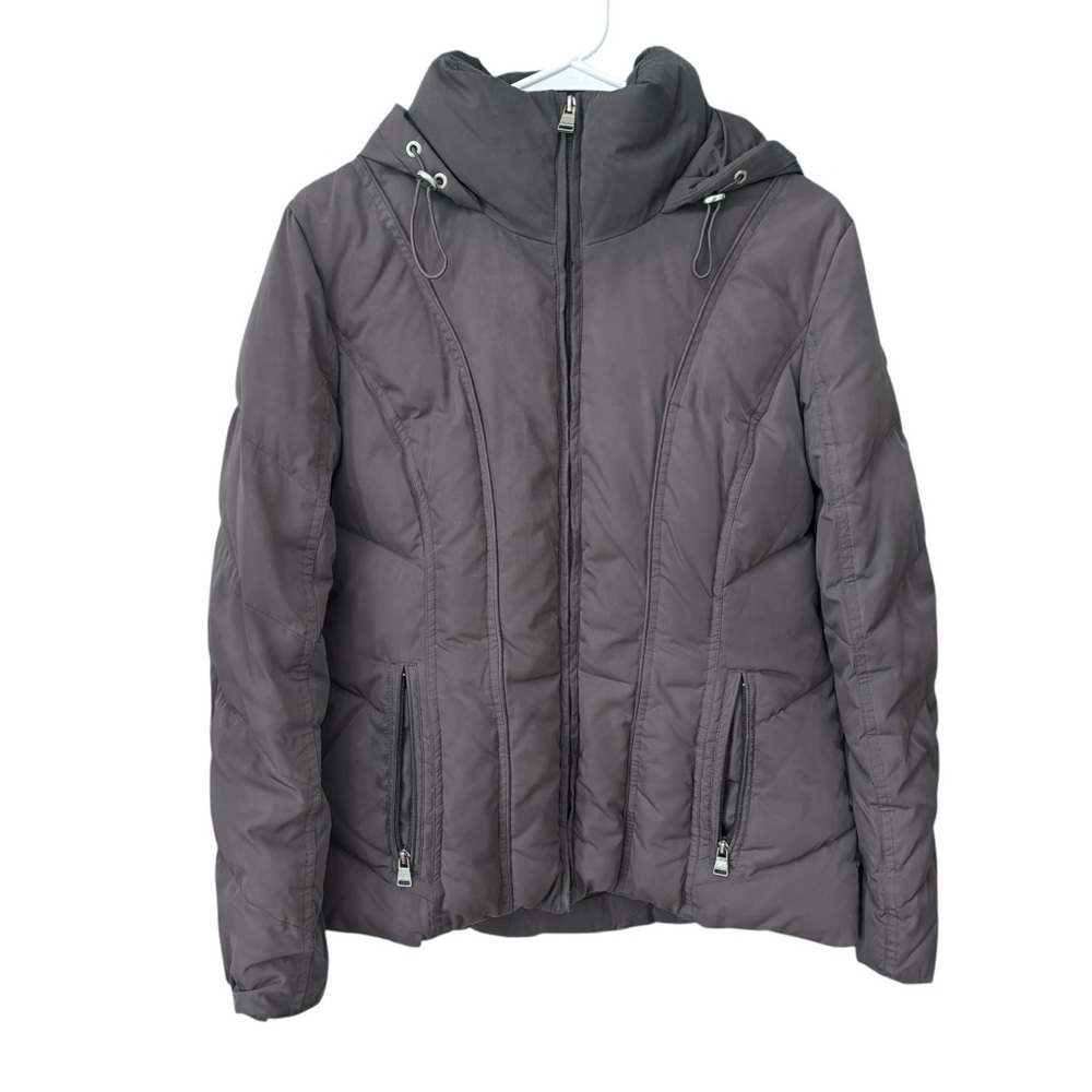 Calvin Klein Hooded Puffer Jacket Women’s M Gray Duck Down Animal Print Interior